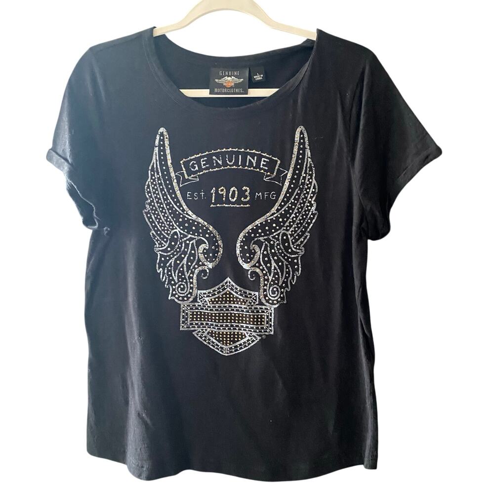 Harley Davidson T-shirt rhinestones black cotton womens L  genuine motorclothes